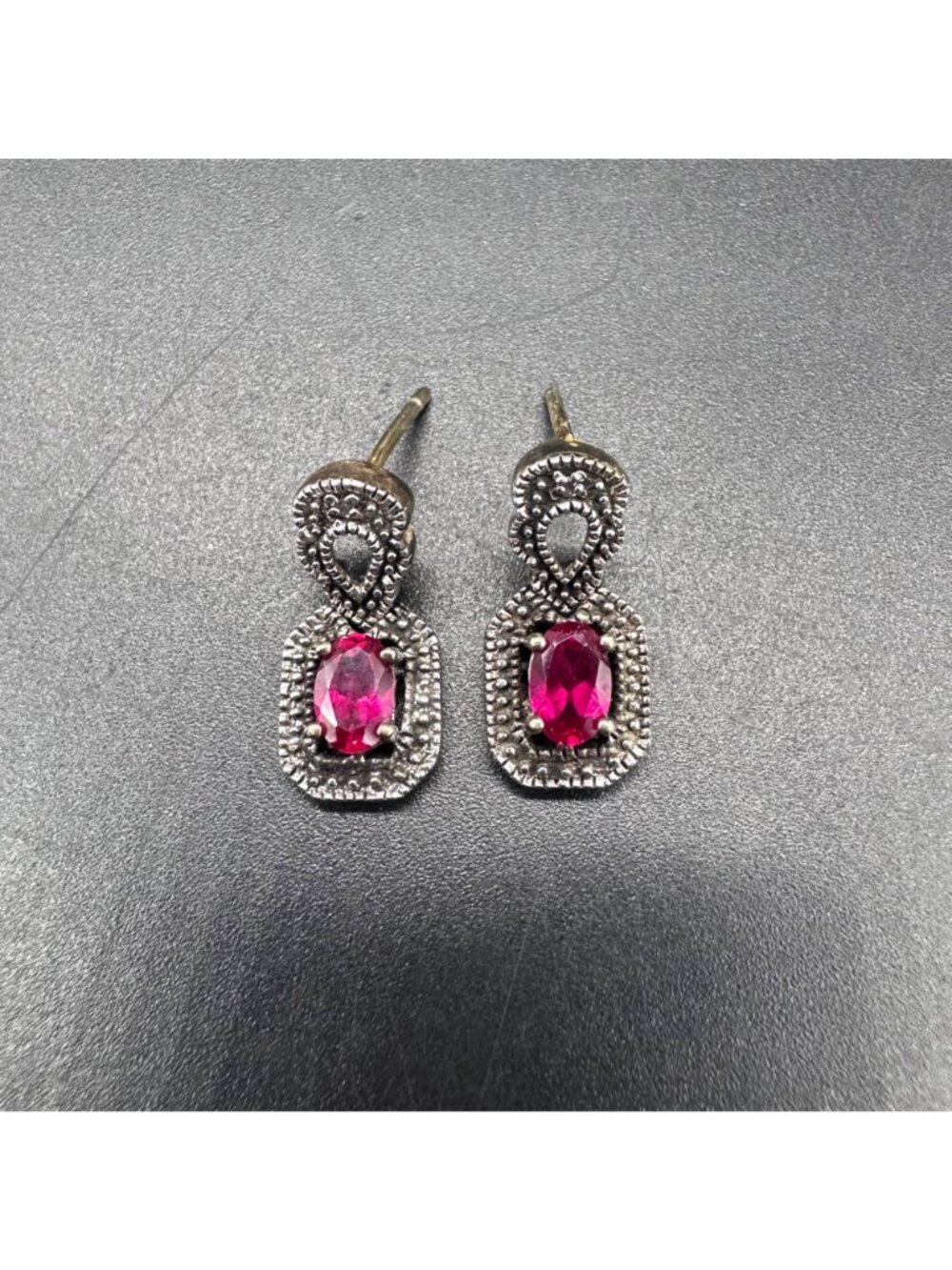 Vintage Sterling Silver Drop Earrings Pink Red Gemstones Ornate Pierced Ears - Picture 2 of 6